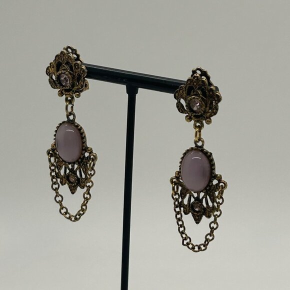 Vintage Gold Tone Drop Earrings Lavender Cabochons & Chain Dangles Elegant Retro - Picture 10 of 15